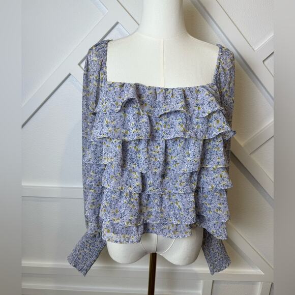 ASTR The Label Blue Ditzy Floral Ruffle Front Open Back Blouse Size Large - Picture 1 of 8
